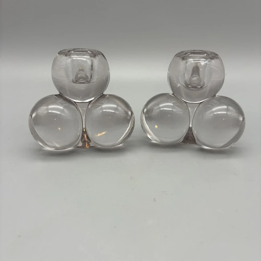 VTG MCM Westmoreland Pair (2) Clear Glass Sphere Ball Candle Holders MCM 3